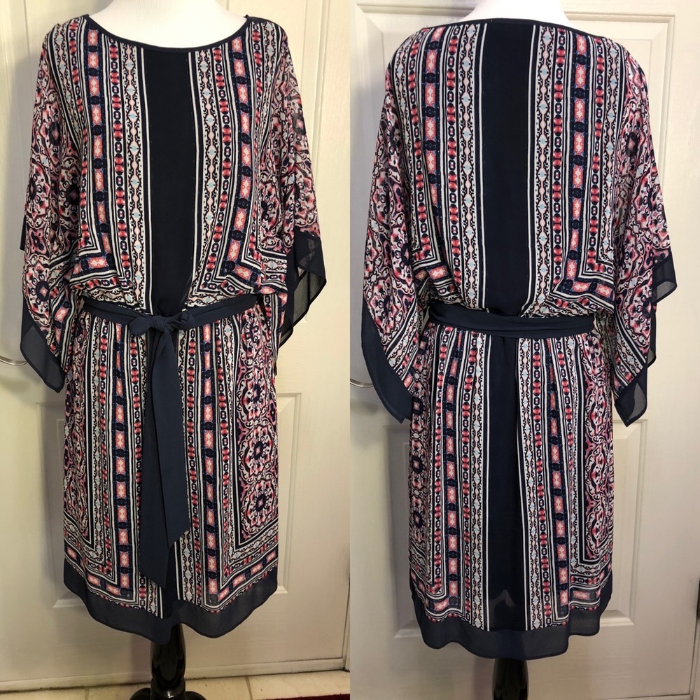 cb navy blue/pink print angel sleeve dress, size 8